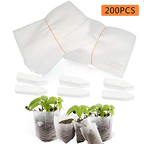 TIMESETL 200 Pack Biodegradable Non-Woven Nursery Bags Plant Grow Fabric Seedling Pots + 200 Pcs Plant Labels