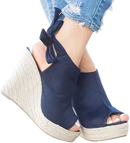 Wedges Sandals For Womens Espadrille Platform Peep Toe Ankle Strap Mid Heel Suede Back Lace Up Sandals