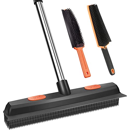 Conliwell Rubber Broom Carpet Rake for Pet Hair Remover, Fur Remover Broom with Squeegee, Portable Detailing Lint Remover Brush, Pet Hair Removal Tool for Fluff Carpet, Hardwood Floor, Tile, Window