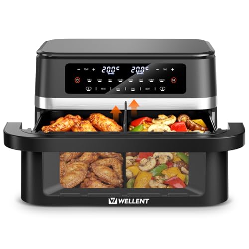 WELLENT 12L Dual Zone Airfryer XXL - 2950W Hot Air Fryer 2 Chambers (6+6L) - Hot Air Fryer Double Chamber with Viewing Window, Match & Sync Function, Shake Reminder, Dishwasher Safe