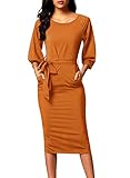 Dearlovers Women Long Sleeve Wear to Work Pencil Dress with Belt Yellow S