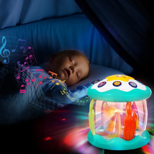 BOMPOW Baby Light up Musical Toys 6 to 12 Months Rotating Animal World Learning Crawling Toys