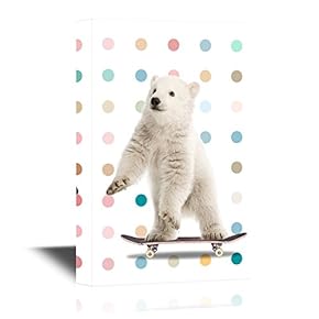 Nursery Art Canvas Wall Art - Cute White Bear on The Skateboard - Gallery Wrap Baby/Kids Room Decoration | Ready to Hang - 12x18 inches