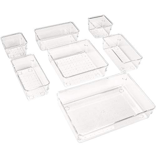 Puricon Desk Drawer Organizers (7 Pieces), Clear Versatile Polystyrene Storage Bins Vanity Trays Makeup Organizer Dividers for Bedroom Dresser Bathroom Kitchen Office -Clear - Thumbnail 7