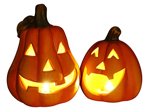 khevga Kürbis Deko Keramik: Windlicht Herbstdeko im 2er Set Halloween Dekoration beleuchtet LED (orange mit LED-Timer)