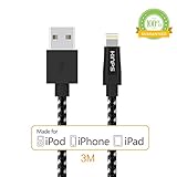 Kinps Apple MFi Certified Lightning to USB Cable 10ft/3m iPhone Charger Cord Super Long for iPhone X / 8 / 8 Plus / 7 / 7 Plus / 6S / 6S Plus / 6 / 6 Plus / SE, iPad Pro / Air / Mini (Nylon-Black)