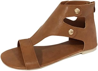 Wedge Sandals, Women Flat-bottomed Roman Jesus Sandals Open Ankle Flat Shoes (Coffee, US:7)