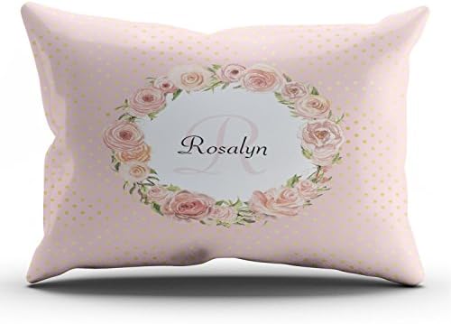 Fanaing Bedroom Custom Decor Romantic Gold Dotted Rose Floral Monogrammed Name Pillowcase Soft Zippered Pink Throw Pillow Cover Cushion Case Fashion Design One-Side Printed King 20X36 Inches