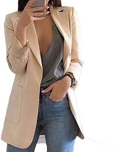 Womens Long Sleeve Open Front Blazer Longline Work Office Lapel Cardigan Jacket with Pockets