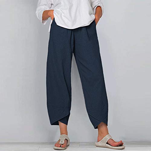 Oismys Baggy Casual Trousers Women Linen Pants Wide Leg Tapered Cropped Pants Elastic Waist Cross-leg Trousers with Pocket