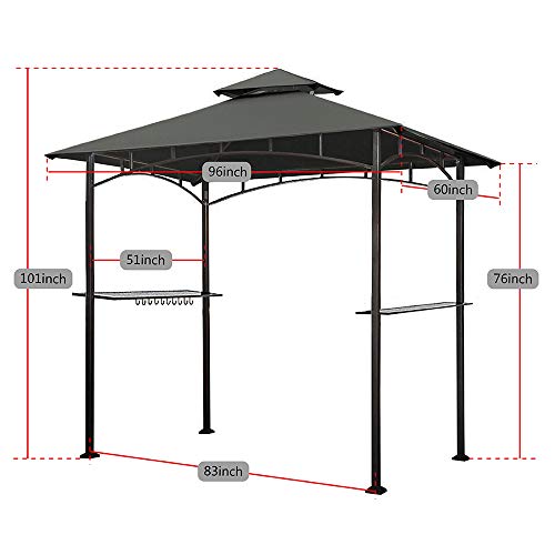 Keymaya 8x5 Grill Gazebo Shelter for Patio and Outdoor Backyard BBQ's, Double Tier Soft Top Canopy and Steel Frame with Bar Counters, Bonus LED Light (Gray) - Thumbnail 2
