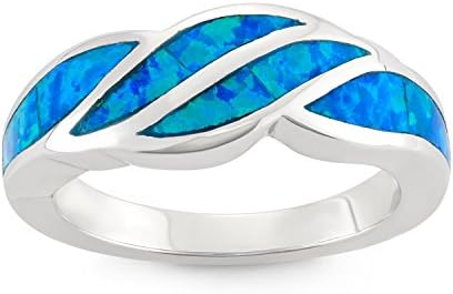 Beaux BijouxSterling Silver 14k Gold Plated Created Opal Ring for Women | Simulated Blue Opal Gemstone Ring | Fine Silver Gold Stackable Band Ring | Mom Opal Heart Ring for Mother's Day Band