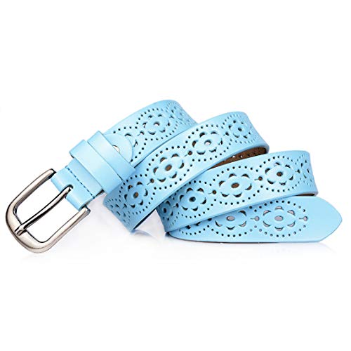 Gackoko Women belt - Hollow Flower Cowhide Leather Belt Ladies Vintage Cowgirl Western Design With Alloy Buckle (M, Sky Blue)