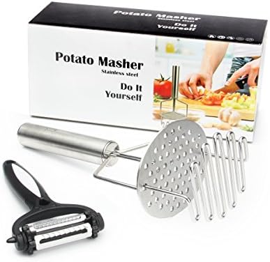 Potato Masher Stainless Steel and Vegetable Y Peeler-Spring Mechanism Potato Masher and Ricer-Ultra Sharp Potato Peeler for easily Mashing by Sunhanny