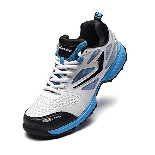 Jazba SKYDRIVE 110 Cricket Shoes for Men I Durable Traction Rubber Stud I Light Weight and Responsive I Baseball Cleats for Training and Outdoor Team Sports (Euro 44/US 10.5, White/Black/Cyan Blue)