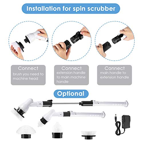 Electric Spin Scrubber, 360 Cordless Rechargeable Tub and Tile Scrubber with 3 Replaceable Cleaning Brush Heads, Extension Handle and Adapter for Bathroom, Kitchen, Floor - Thumbnail 4