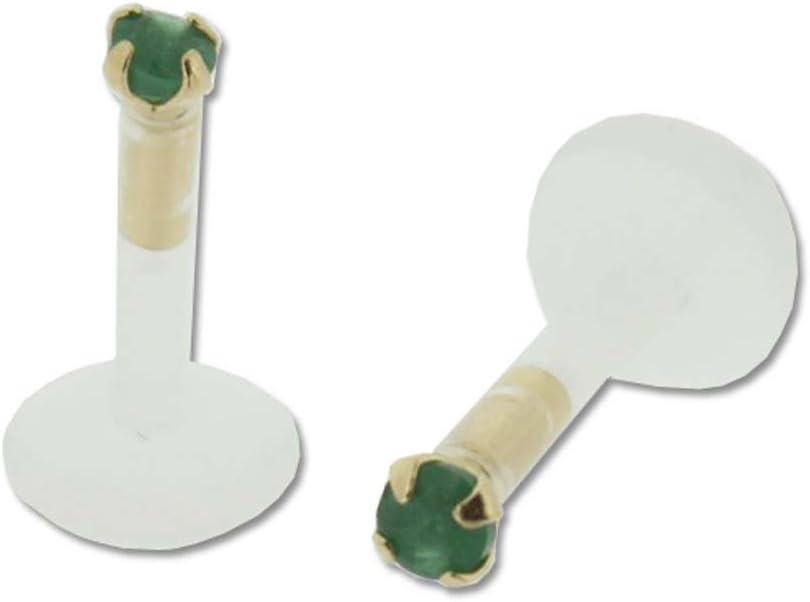 Bioflex Labret Monroe Tragus Cartilage Lip Piercing Ring Yellow Gold Top with Genuine Emerald