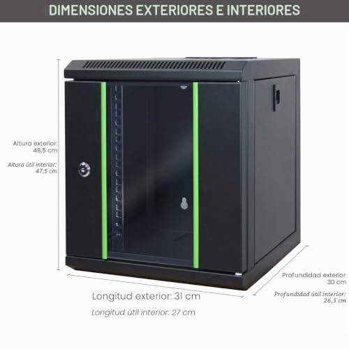 37483 - Caja de Red (10 Pulgadas, 6U, Montaje en Pared, bahía de elaboración, 310 x 300 x 350 mm, con Puerta de Cristal con Cerradura, Color Negro