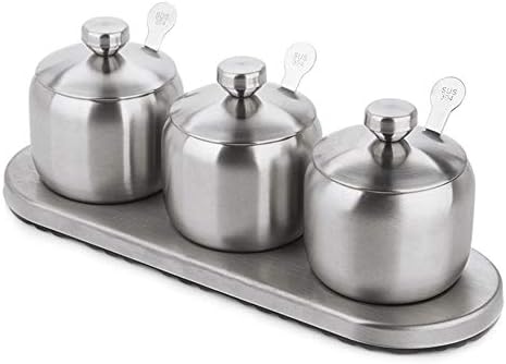 UMIWE Spice Jars/Seasoning Pots with Tray and Spoons, Stainless Steel, Set of 3