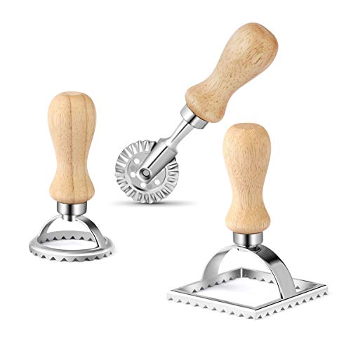 AIEVE Ravioli Stamp Cutters and Roller Wheel for Ravioli Pasta,Easy Press&Firm,Mold with Wooden