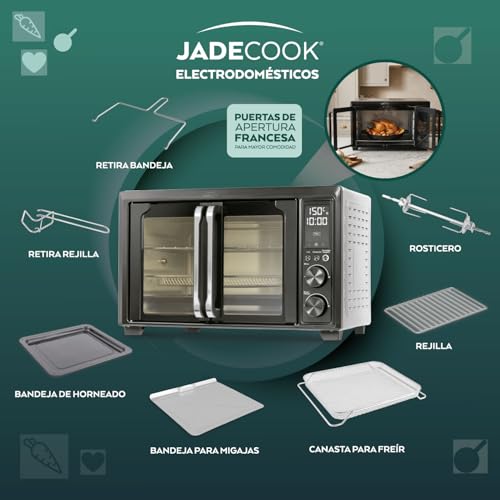 JadeCook Horno Eléctrico con Freidora de Aire de 30 Litros, Temperatura de 100 °C a 230 °C, Apagado Automático, Doble Puerta de Vidrio Templado, Frie Rostiza, Hornea, Cocina Saludable, Color Negro
