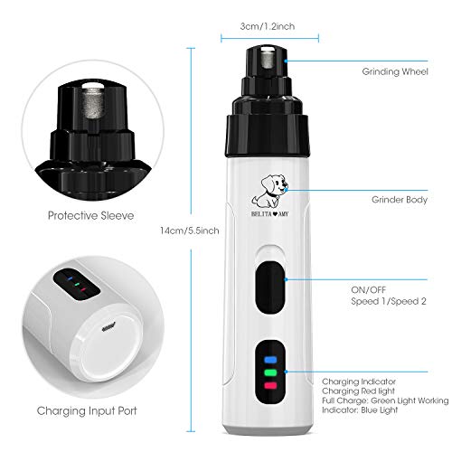 Belita Amy Dog Nail Grinder-Electric Dog Nail Trimmer Clipper, 2-Speed Low Noise Rechargeable Pet Nail Trimmer, Painless Paws Grooming and Smoothing for Small Medium Large Dogs and Cats