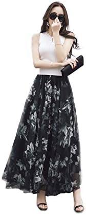 Kha Zix Womens Chiffon Print Skirt Ankle/Full/Maxi length Skirt Big Hem Skirt Swing Skirt Beach Skirt (L, BLACK MULTI)