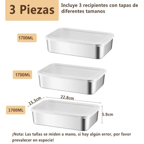 OCEBEEC Contenedores para Alimentos, 3pz Caja de Almacenamiento de Alimentos de Acero Inoxidable, Organización y Almacenamiento de Cocina (3pz Grande)