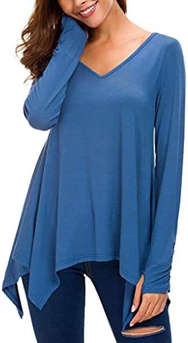 Sonnena Women's V Neck Tunic Tops Casual Irregular Hem Loose Long Sleeve Handkerchief Tunic Top with Thumb Hole