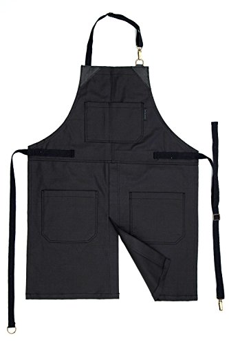 No-Tie Apron - Coated Matte Black Twill - Black Leather - Split-Leg - Thumbnail 3