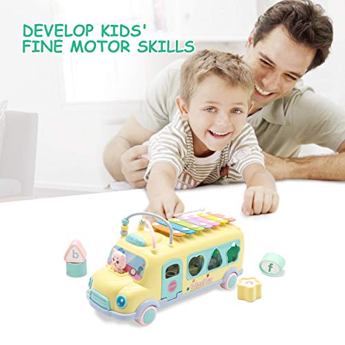 image for Lydaz Pull Along School Bus Toy, Xylophone Musical Toys with Shape Sor