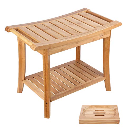 HOMECHO Bamboo Shower Bench Stool Seat with Shelves Waterproof Wooden