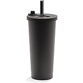 Dodoko 25oz Stainless Steel Reusable Boba Cup and Smoothie Tumbler Vacuum Insulated | Travel Friendly and Leakproof with Wide Collapsible SS Straw (Black)