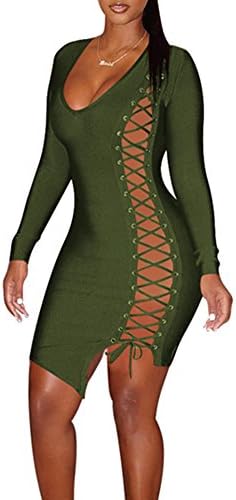 Wuxh Women's Sexy V Neck Long Sleeve Hollow Out Cocktail Clubwear Party Mini Bandage Bodycon Dress (X-Large, Army Green)