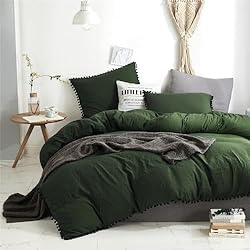 Luxlovery Army Green Pom Pom Comforter Set Queen