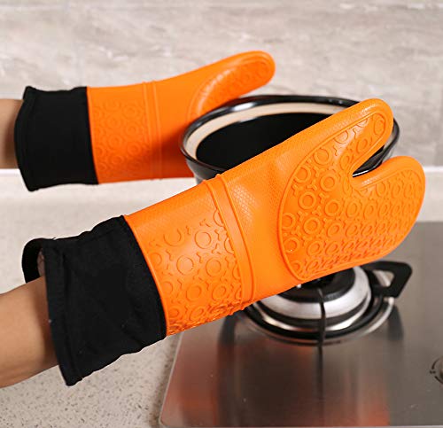 Silicone Oven Mitts and Pot Holders Set,Extra Long Heat Resistant Cooking Oven Gloves Set 1 Pair (14.6 \'\')with 2 Potholders,Non-Slip Textured Surface