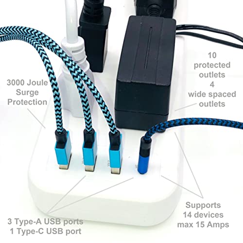Heavy Duty 3000Joule 10Outlet 4USB Safety Strip Surge Protector