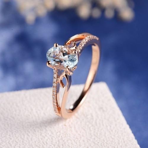 Panwa Jewelry Exquisite Princess 14K Rose Gold Oval Gemstone Aquamarine Jewelry Wedding Ring (7)