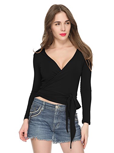 Maggie Tang Women's Convertible Long Sleeve Wrap Cross Over Blouse Top Black M