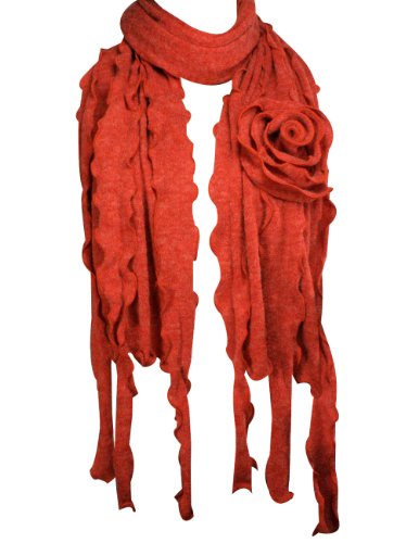 Acrylic Fashion Large Flower Ruffle Knitted Tassel Ends Long Scarf - Red