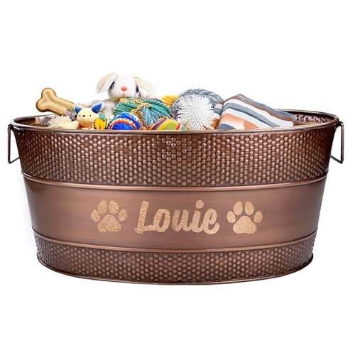 Personalized Metal Dog Toy Bin - Copper Galvanized Storage Bin with Handles, Basket for Pet Toys, Dog Toy Box, Pet Storage - Custom Dog Name Gift (Large)