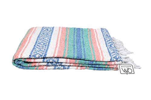 Light Teal and Coral Mexican Blanket - Authentic Mexican Flasa - Great Yoga Blanket, Beach Blanket, Picnic Blanket, or Mexican Throw! Handwoven - Thumbnail 7