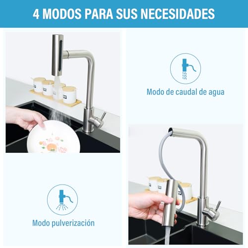 GALASALA Llaves para Fregadero de Cocina De Acero Inoxidable, Mezcladora para Fregadero Extraible, Grifo de Cocina Con 2 Mangueras Fría y Caliente, Monomando para Fregadero Con Rociador de 4 Modos