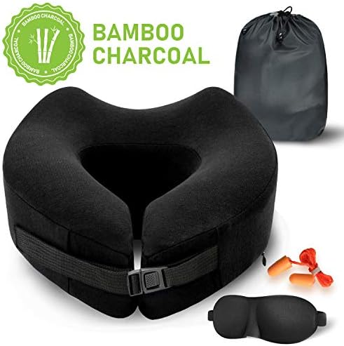 Familamb Travel Pillow Memory Foam U-Shaped Neck Pillow Ergonomic Design Ultra Soft Full Neck Chin Support Adjustable Travel Accessory for Flight Train Car Office Napping Black