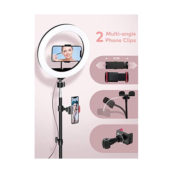 Deefsoul Ringlicht mit Stativ, 10.2" Selfie Ringleuchte Doppel-Handyhalter mit 3 Farbe und 10 Helliakeitsstufen, mit Aufbewahrungstasche, für Makeup, Live-Streaminq, Selfie, Vlog, TikTok – Bild 4