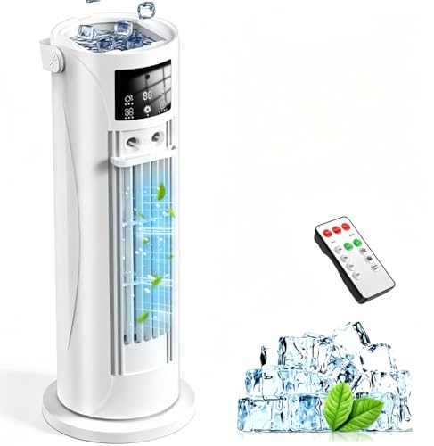 Portable Quiet Air Conditioner, 28 dB, 4 in 1 Air Cooler with Storm Mode, Fan Without Blades, Oscillation 120°, Double Mist 750 ml, 8H Timer for Home Office (Off-White)