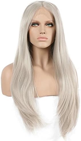 Klemmer Lover Natural Straight Silver Grey Glueless Lace Front Wigs Middle Part Straight Heat Resistant Synthetic Hair Replacement Wig for Women