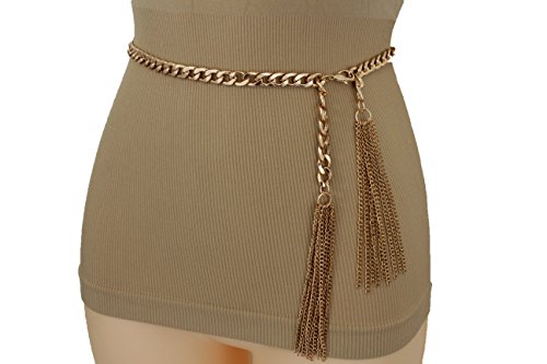 TFJ Women Fashion Belt Gold Metal Chain Links Hip High Waist Long Fringes M L