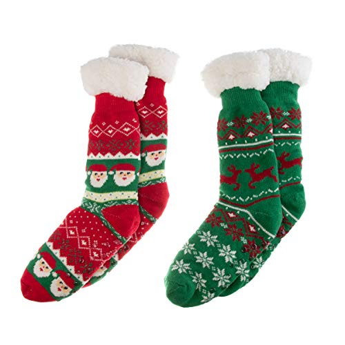 Treehouse Knit (2 Pack) Womens Thick Knit Sherpa Fleece Lined Thermal Fuzzy Slipper Socks With Grippers