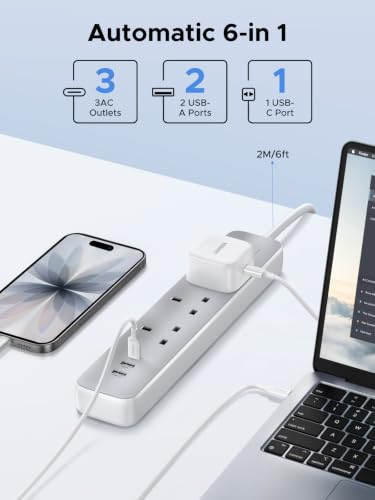 UGREEN GaN 6-in-1 Surge Protector Power Strip with PD30W USB-C (2A1C), Overload/Short-Circuit/Overheat Protection Extension Cord with 3 AC Outlet, UK Plugs with 2M Lead for Home Office Travel, etc